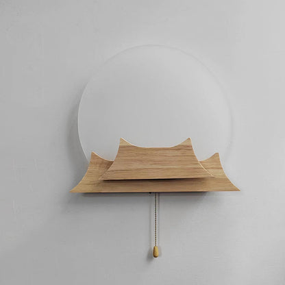 Chinese Round Acrylic Solid Wood LED Wall Sconce Lamp