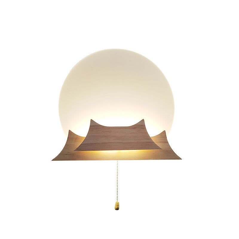 Chinese Round Acrylic Solid Wood LED Wall Sconce Lamp