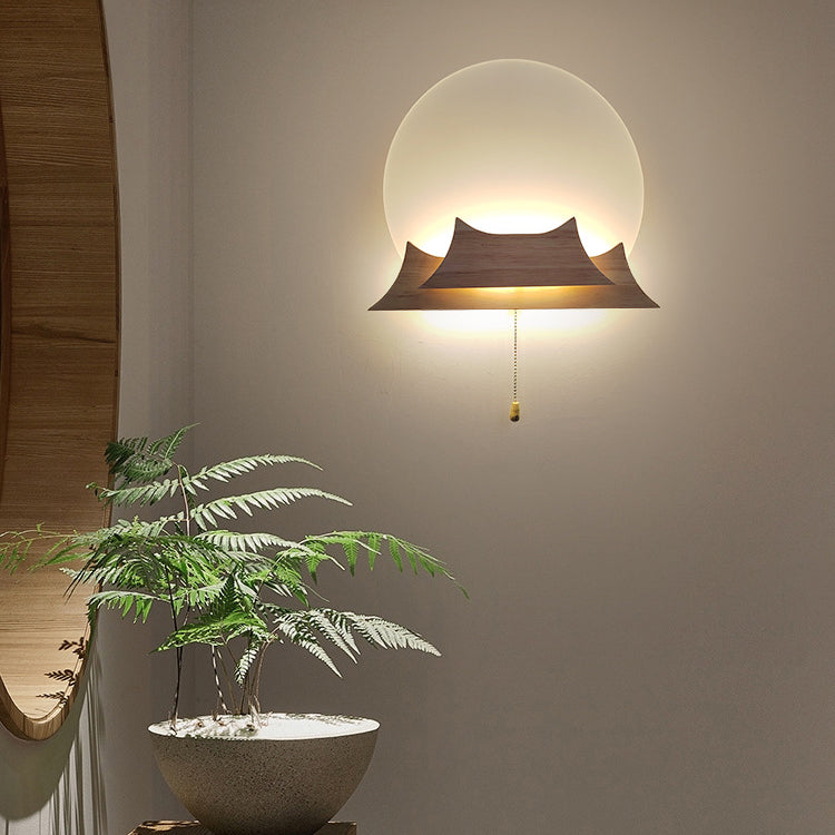 Chinese Round Acrylic Solid Wood LED Wall Sconce Lamp