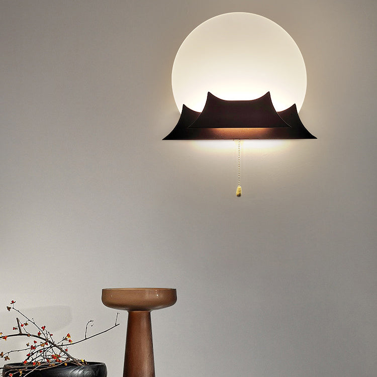 Chinese Round Acrylic Solid Wood LED Wall Sconce Lamp