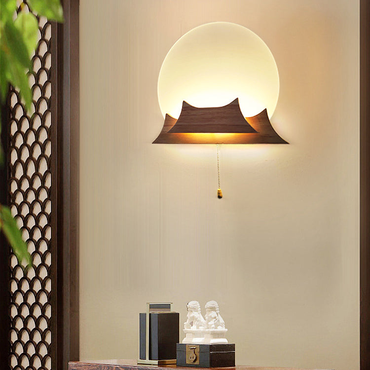 Chinese Round Acrylic Solid Wood LED Wall Sconce Lamp