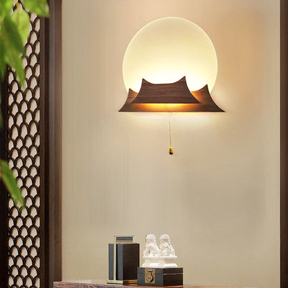 Chinese Round Acrylic Solid Wood LED Wall Sconce Lamp