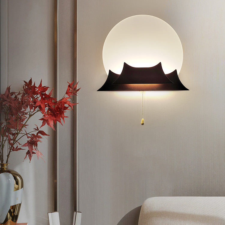 Chinese Round Acrylic Solid Wood LED Wall Sconce Lamp
