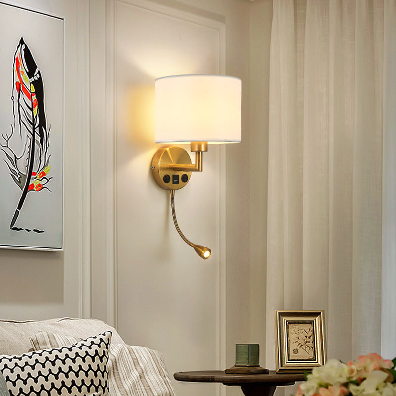 Round Column Fabric Iron 1-Light Wall Sconce Lamp