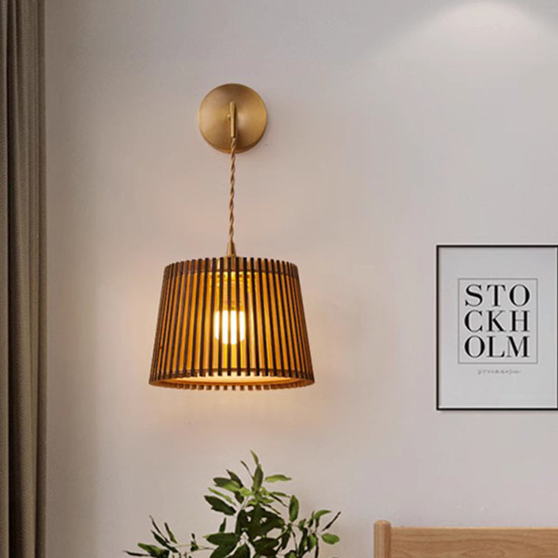 Japanese Round Basswood Brass 1-Light Wall Sconce Lamp