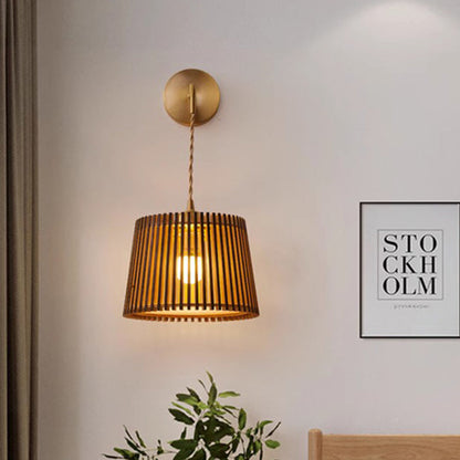 Japanese Round Basswood Brass 1-Light Wall Sconce Lamp