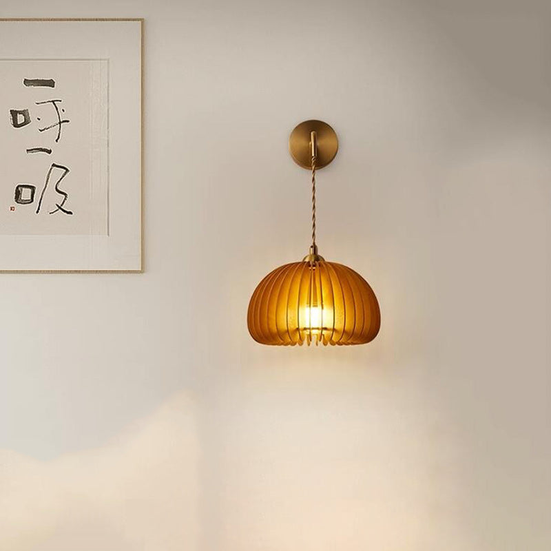 Japanese Round Basswood Brass 1-Light Wall Sconce Lamp