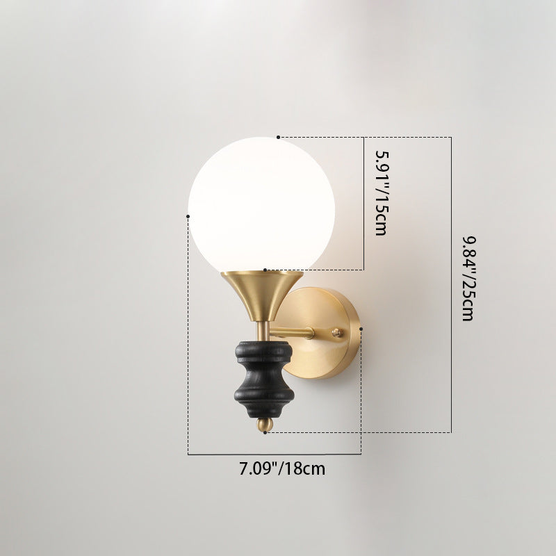 Orb Round Glass Walnut Brass 1/2 Light Wall Sconce Lamp