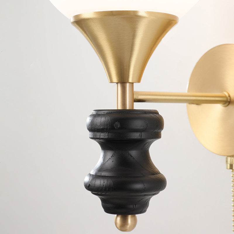 Orb Round Glass Walnut Brass 1/2 Light Wall Sconce Lamp