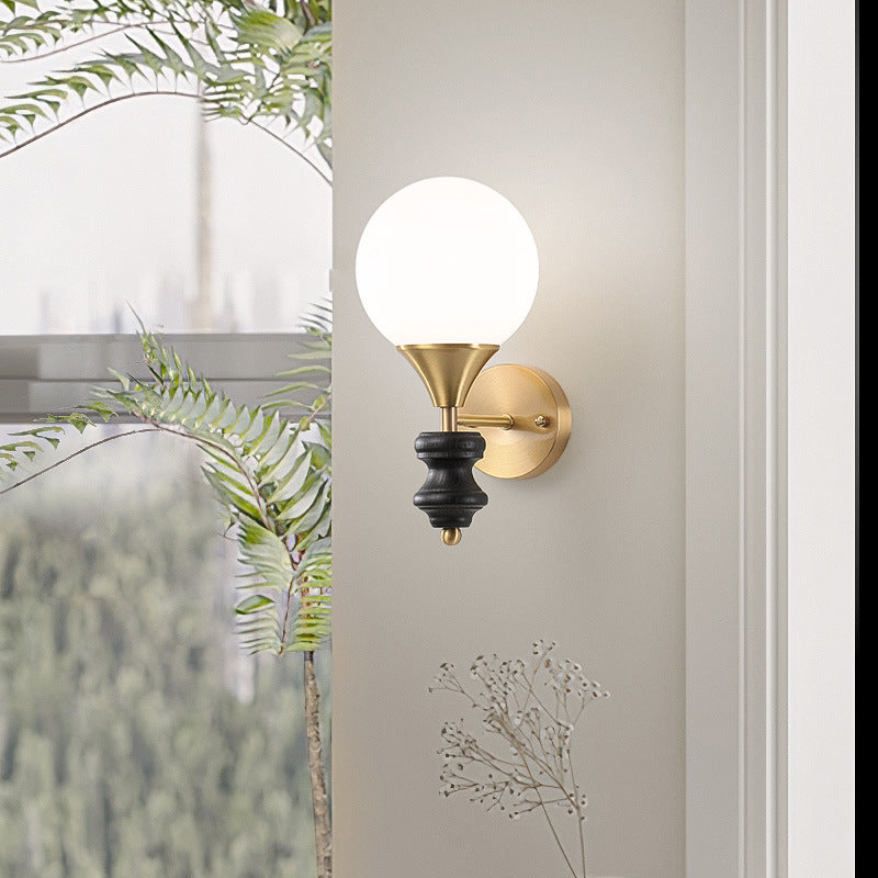 Orb Round Glass Walnut Brass 1/2 Light Wall Sconce Lamp