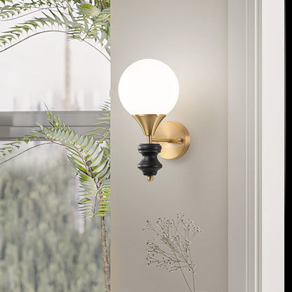 Orb Round Glass Walnut Brass 1/2 Light Wall Sconce Lamp