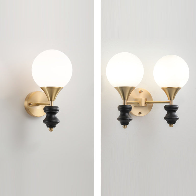 Orb Round Glass Walnut Brass 1/2 Light Wall Sconce Lamp