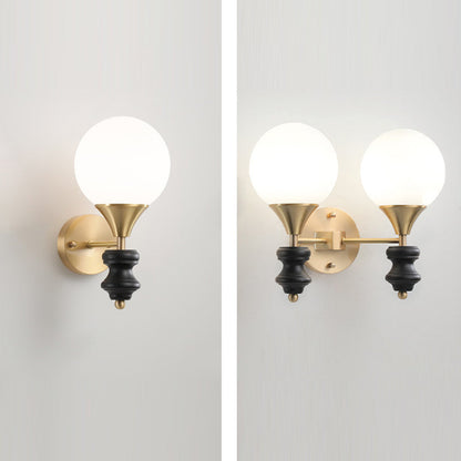 Orb Round Glass Walnut Brass 1/2 Light Wall Sconce Lamp
