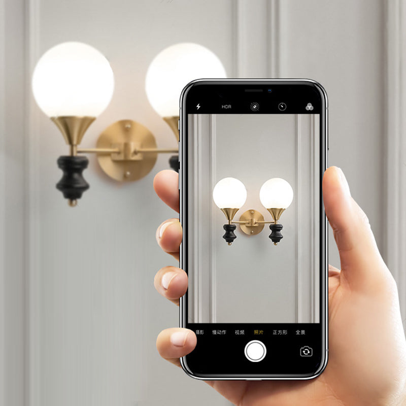 Orb Round Glass Walnut Brass 1/2 Light Wall Sconce Lamp