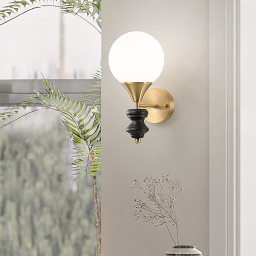Orb Round Glass Walnut Brass 1/2 Light Wall Sconce Lamp
