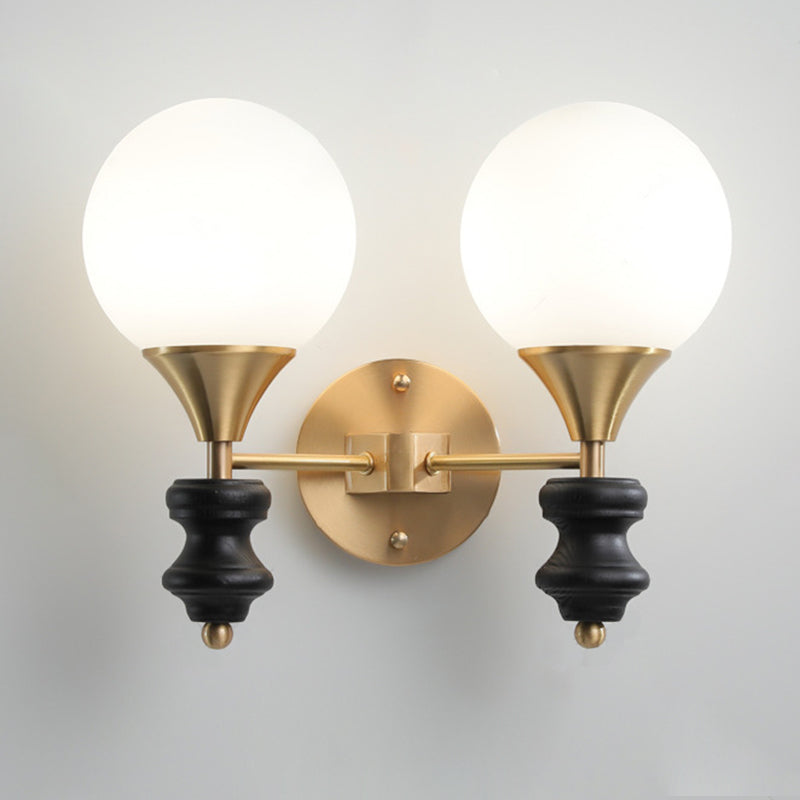 Orb Round Glass Walnut Brass 1/2 Light Wall Sconce Lamp