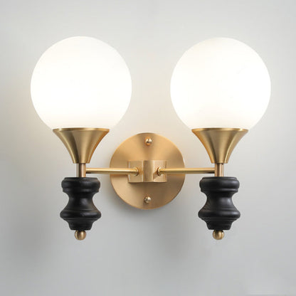 Orb Round Glass Walnut Brass 1/2 Light Wall Sconce Lamp