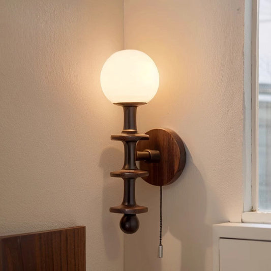 Chinese Magic Bean Glass Wood 1-Light Wall Sconce Lamp