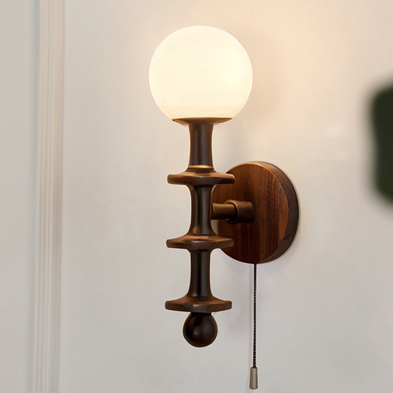 Chinese Magic Bean Glass Wood 1-Light Wall Sconce Lamp