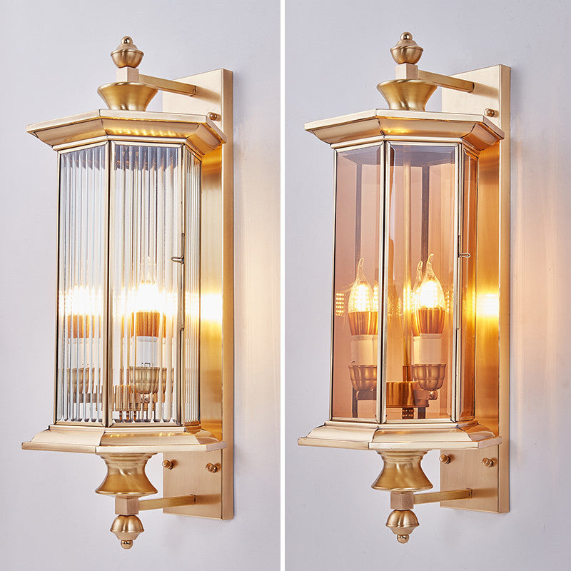 Hexagonal Column Glass Copper 2-Light Wall Sconce Lamp