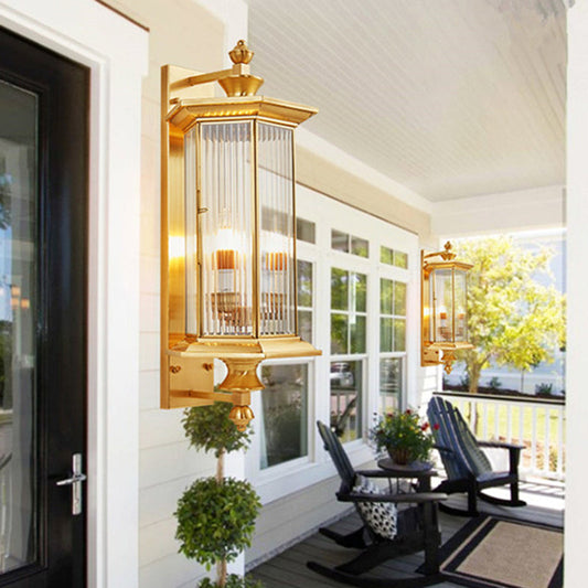 Hexagonal Column Glass Copper 2-Light Wall Sconce Lamp