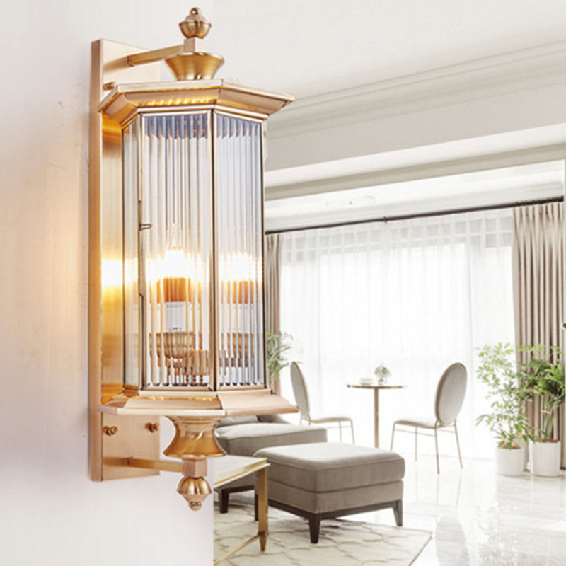 Hexagonal Column Glass Copper 2-Light Wall Sconce Lamp