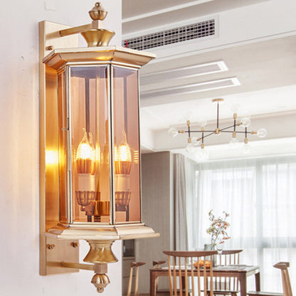 Hexagonal Column Glass Copper 2-Light Wall Sconce Lamp