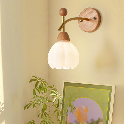 Japanese Glass Rubberwood Hardware 1-Light Wall Sconce Lamp