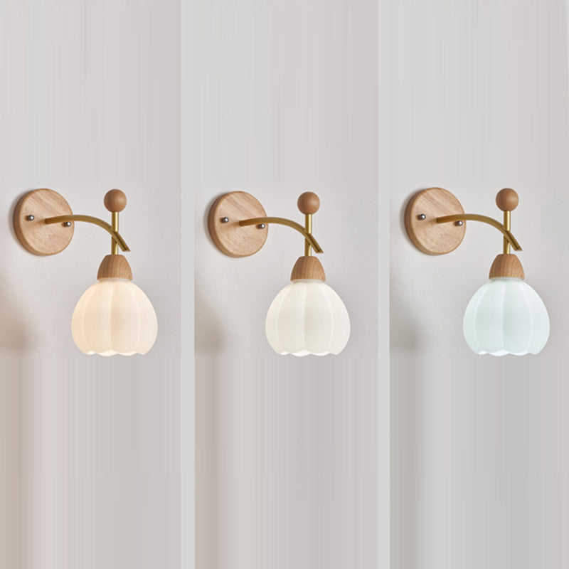 Japanese Glass Rubberwood Hardware 1-Light Wall Sconce Lamp