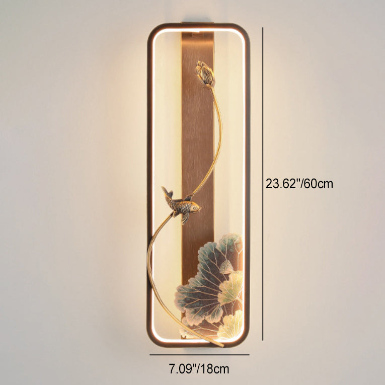 Chinese Rectangle Fish Wood Bronze LED Wall Sconce Lamp