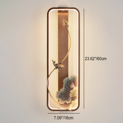 Chinese Rectangle Fish Wood Bronze LED Wall Sconce Lamp
