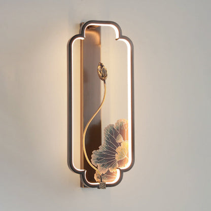 Chinese Rectangle Fish Wood Bronze LED Wall Sconce Lamp