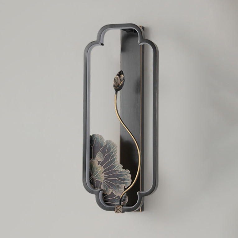 Chinese Rectangle Fish Wood Bronze LED Wall Sconce Lamp