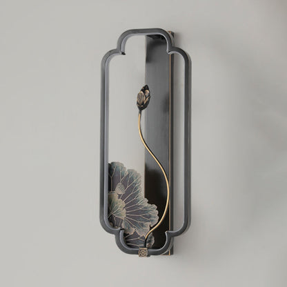 Chinese Rectangle Fish Wood Bronze LED Wall Sconce Lamp