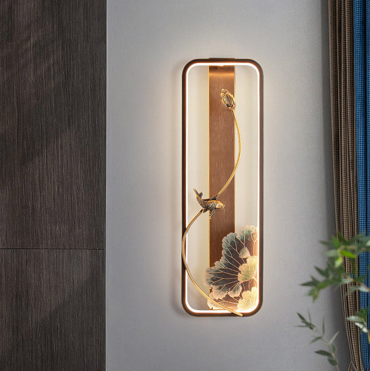 Chinese Rectangle Fish Wood Bronze LED Wall Sconce Lamp