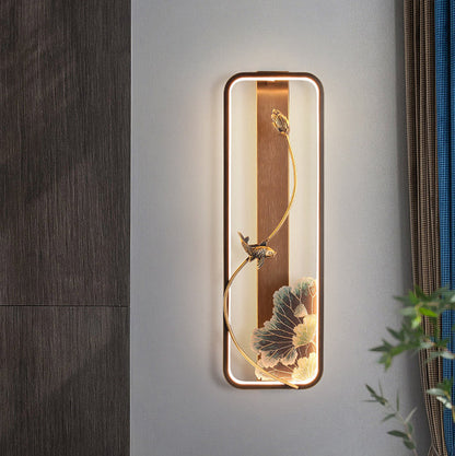 Chinese Rectangle Fish Wood Bronze LED Wall Sconce Lamp