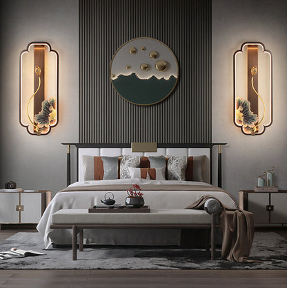 Chinese Rectangle Fish Wood Bronze LED Wall Sconce Lamp