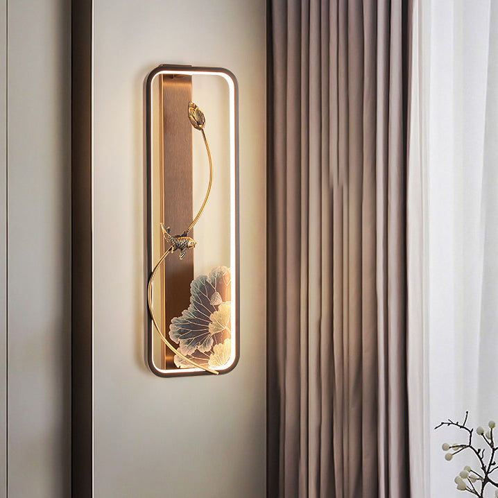 Chinese Rectangle Fish Wood Bronze LED Wall Sconce Lamp
