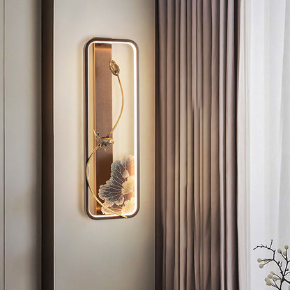 Chinese Rectangle Fish Wood Bronze LED Wall Sconce Lamp