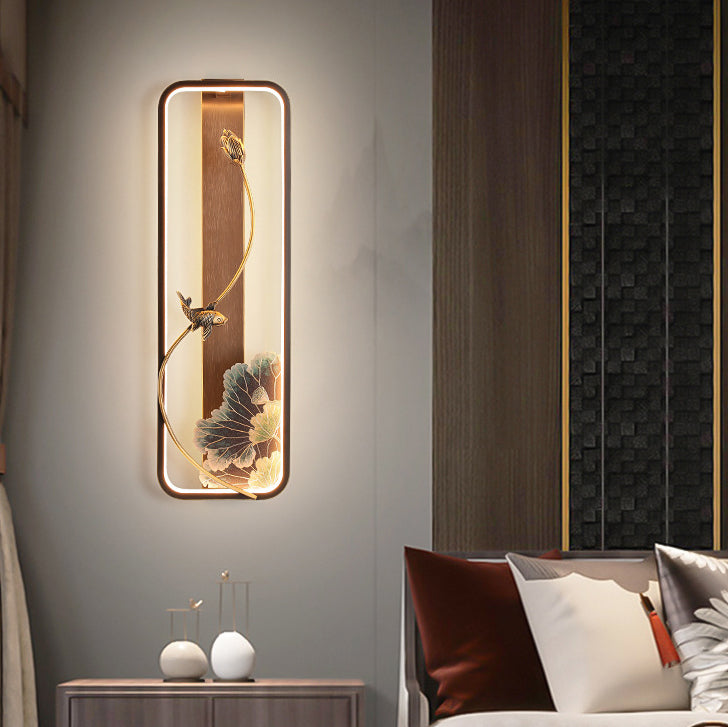 Chinese Rectangle Fish Wood Bronze LED Wall Sconce Lamp