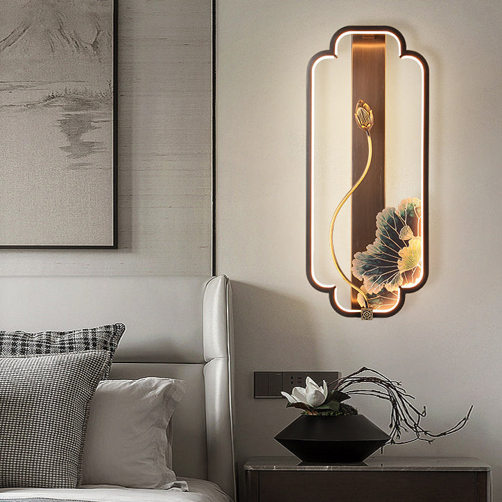 Chinese Rectangle Fish Wood Bronze LED Wall Sconce Lamp