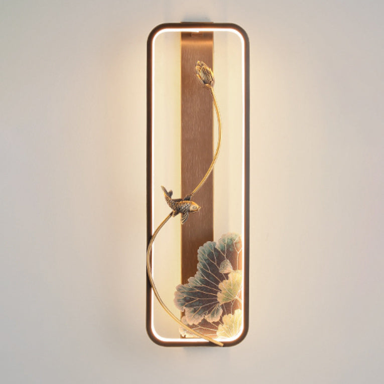 Chinese Rectangle Fish Wood Bronze LED Wall Sconce Lamp
