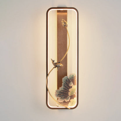 Chinese Rectangle Fish Wood Bronze LED Wall Sconce Lamp