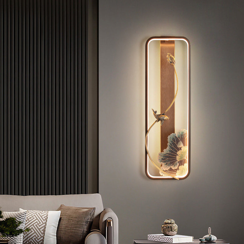 Chinese Rectangle Fish Wood Bronze LED Wall Sconce Lamp