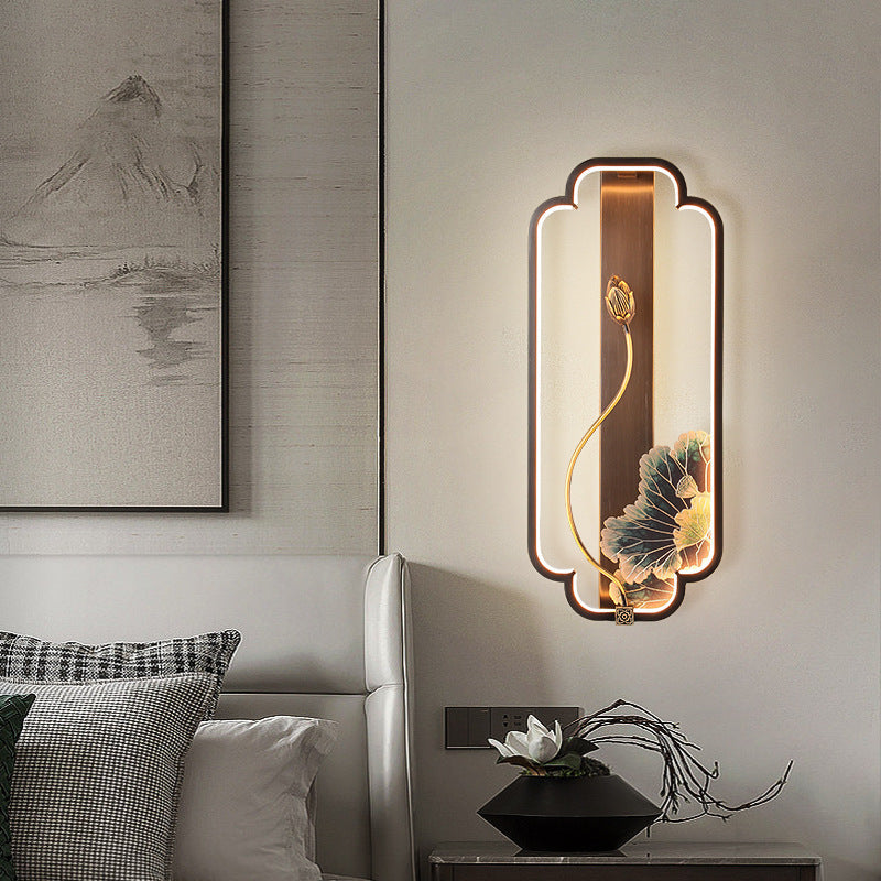 Chinese Rectangle Fish Wood Bronze LED Wall Sconce Lamp