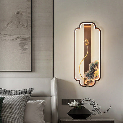 Chinese Rectangle Fish Wood Bronze LED Wall Sconce Lamp