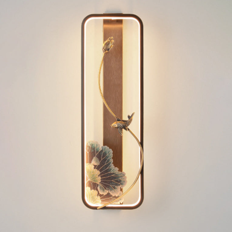 Chinese Rectangle Fish Wood Bronze LED Wall Sconce Lamp