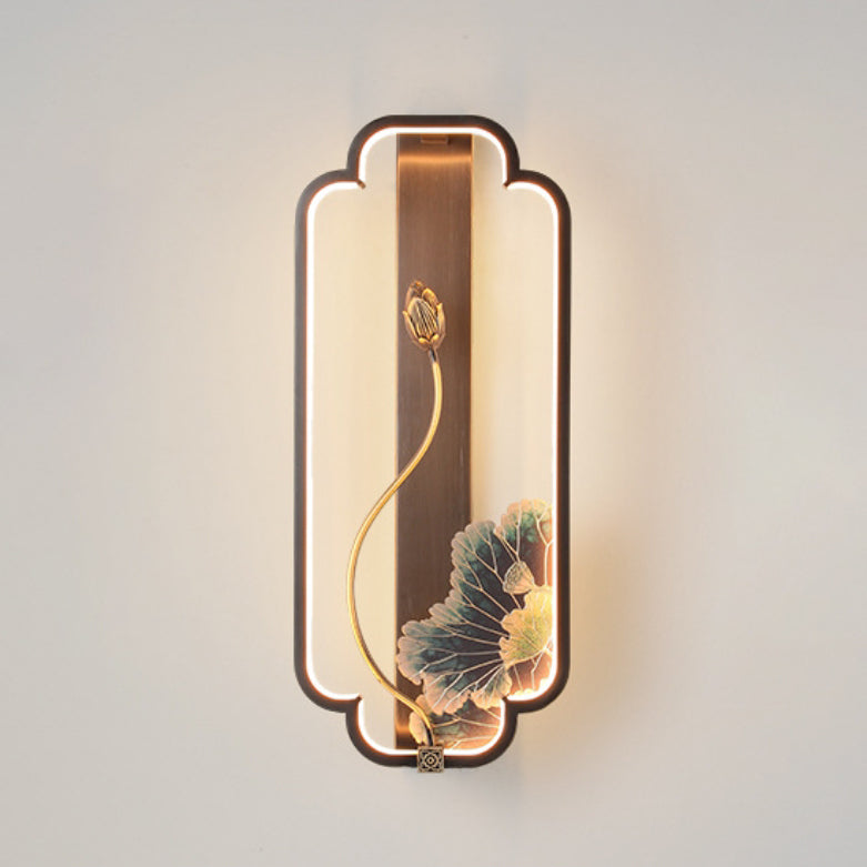 Chinese Rectangle Fish Wood Bronze LED Wall Sconce Lamp