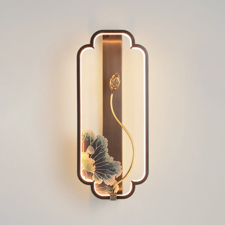 Chinese Rectangle Fish Wood Bronze LED Wall Sconce Lamp