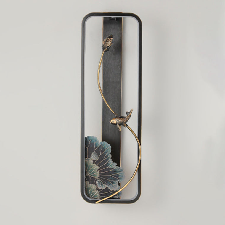Chinese Rectangle Fish Wood Bronze LED Wall Sconce Lamp